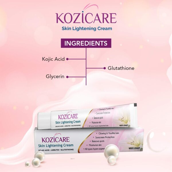 Kozicare Skin Lightening Cream with Kojic Acid, Arbutin, Glutathione | All Types Hyper Pigmented Skin, Remove Spots- 15g - Image 3