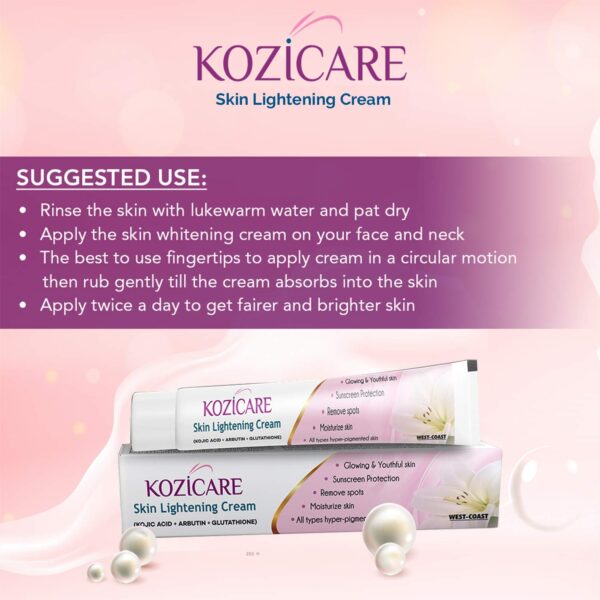 Kozicare Skin Lightening Cream with Kojic Acid, Arbutin, Glutathione | All Types Hyper Pigmented Skin, Remove Spots- 15g - Image 4