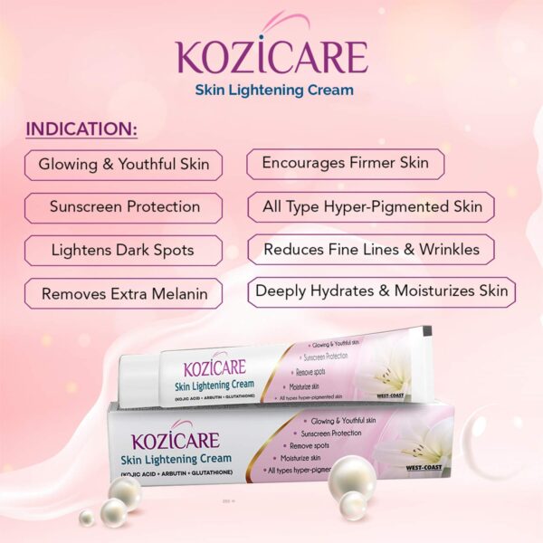 Kozicare Skin Lightening Cream with Kojic Acid, Arbutin, Glutathione | All Types Hyper Pigmented Skin, Remove Spots- 15g - Image 2